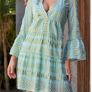 NWT-Boston Proper-Elegant Aqua Patterned Long Sleeve Dress